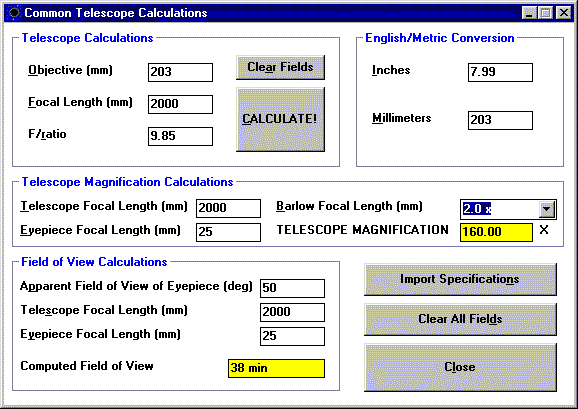Common Telescope Calculations dialog