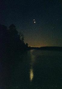 Jupiter, Venus, reflection in Harris Lake, Feb 22, 1999